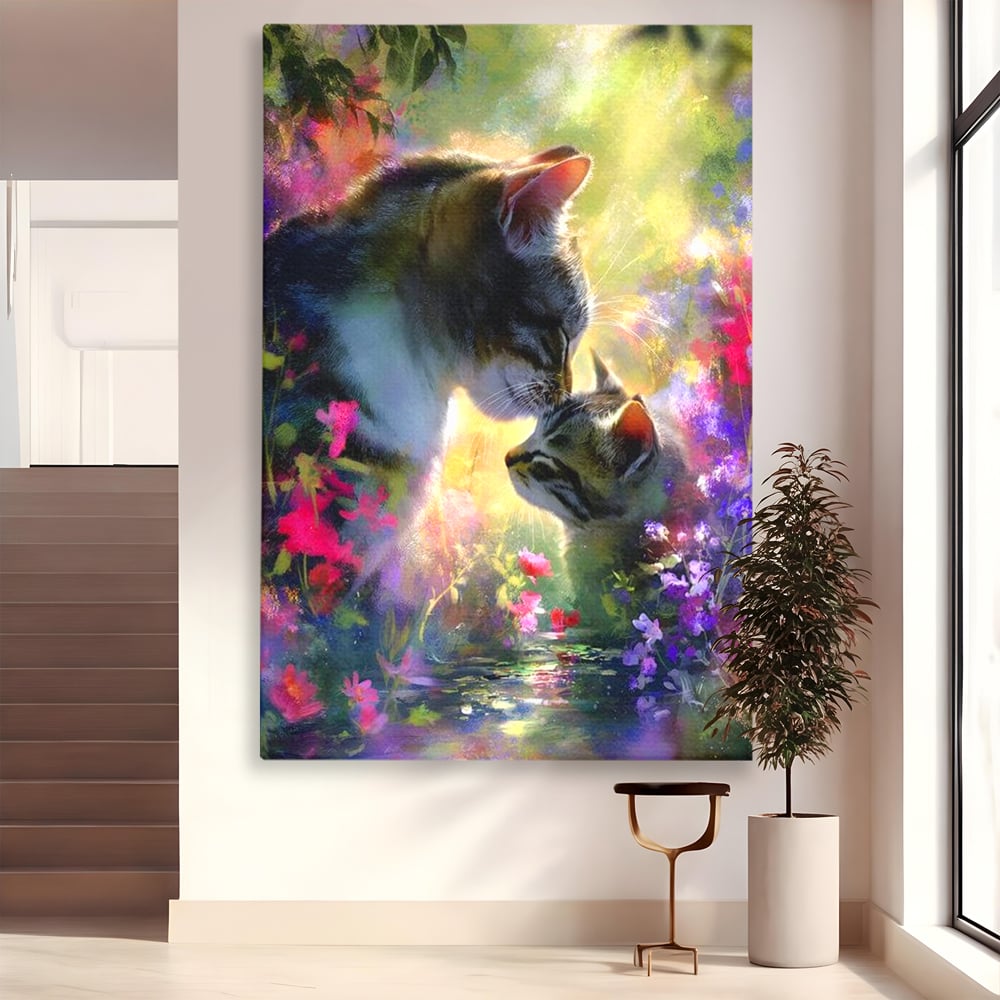 Tablou canvas cu tablou canvas cu pisici mangaite in gradina, fara rama, pe sasiu de lemn